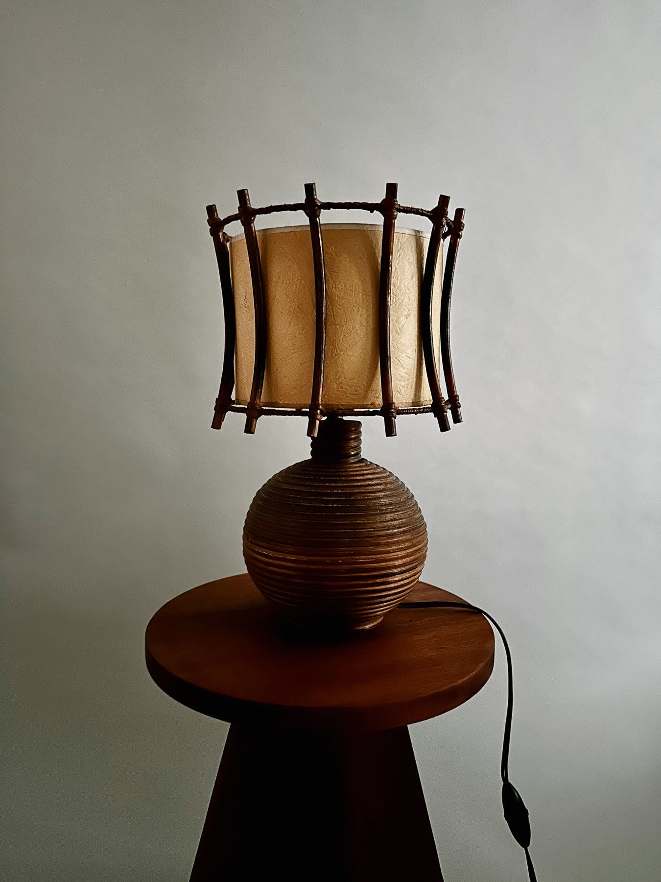 French Wicker x Rattan Lamp with Papershade c. 1960