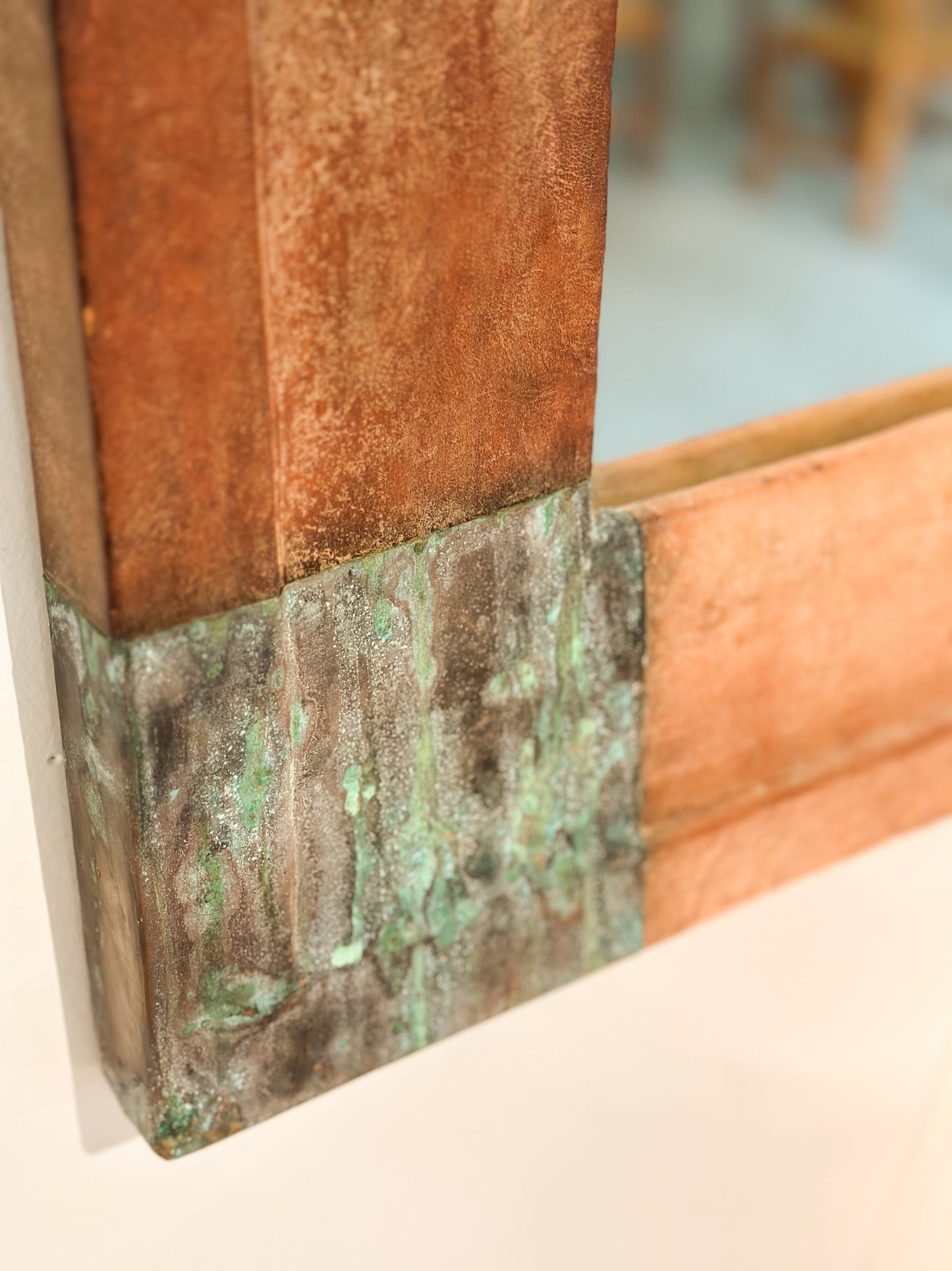 Scandinavian Leather Mirror with Patinated Copper Corners c. 20th Century