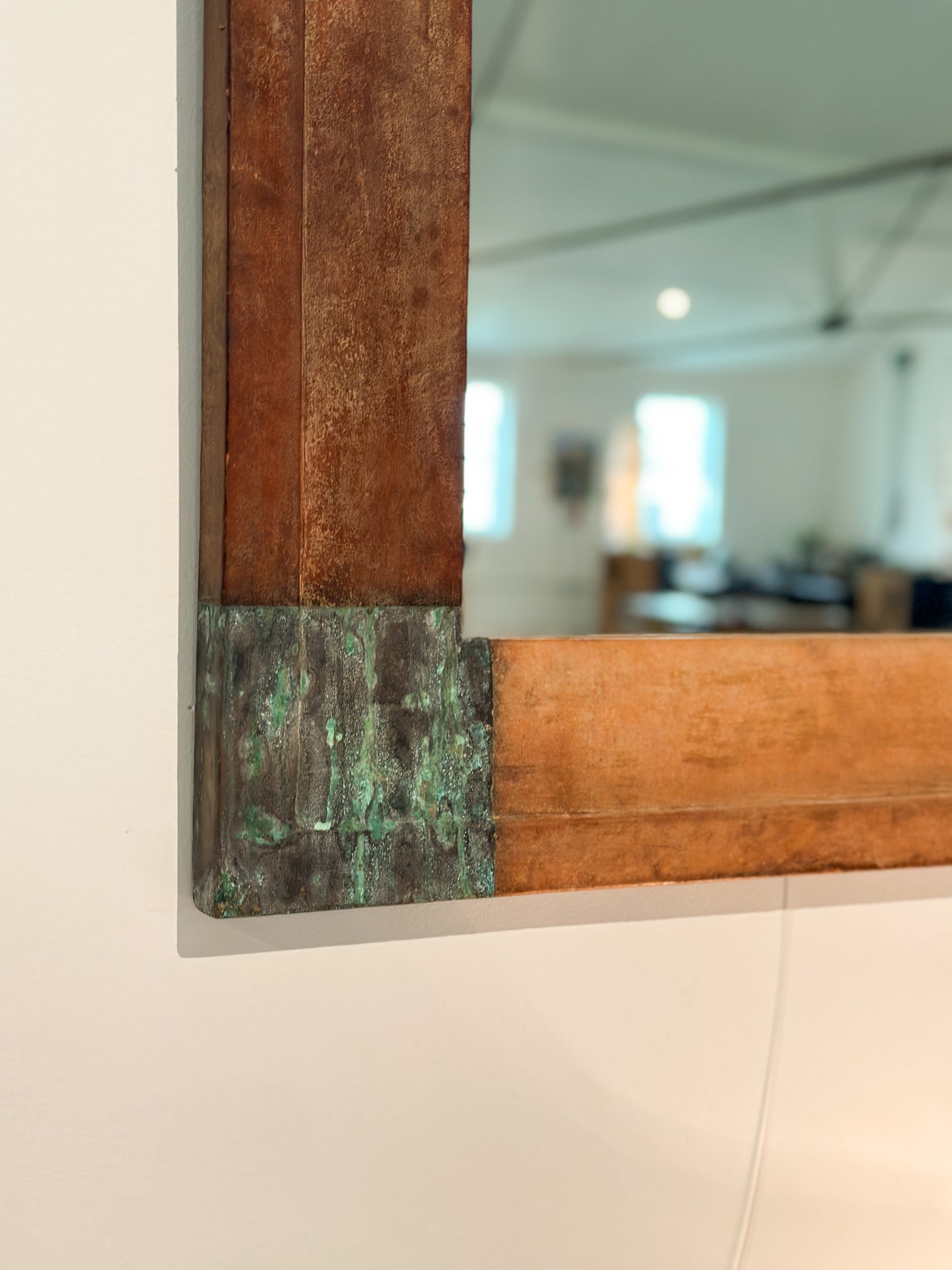 Scandinavian Leather Mirror with Patinated Copper Corners c. 20th Century