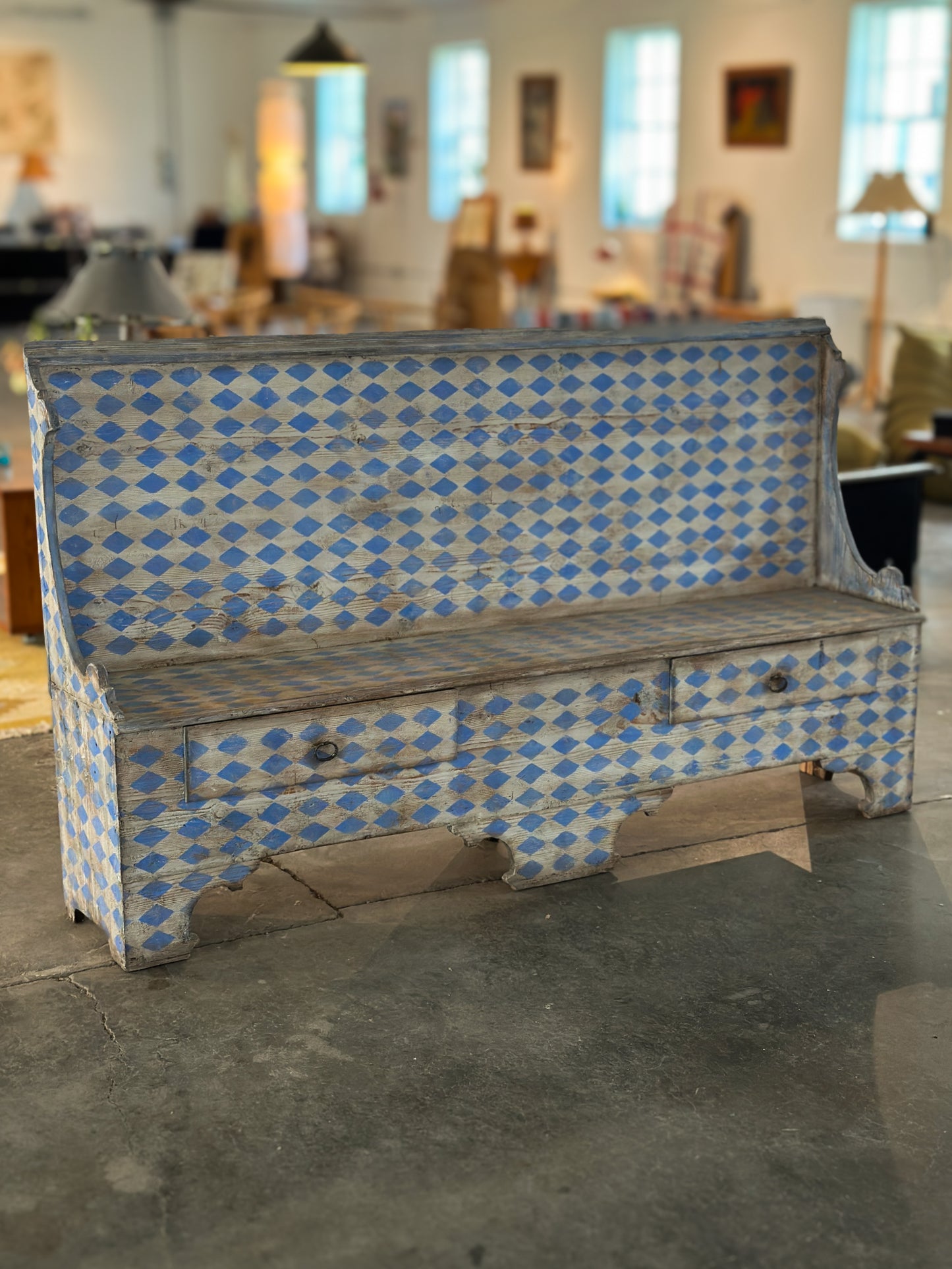 Italian Painted Bench with Blue and White Harlequin Pattern, C. 19th C.
