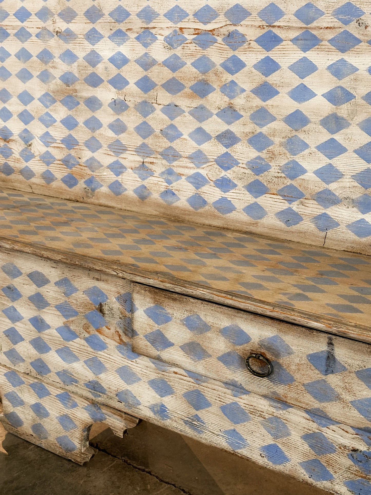 Italian Painted Bench with Blue and White Harlequin Pattern, C. 19th C.