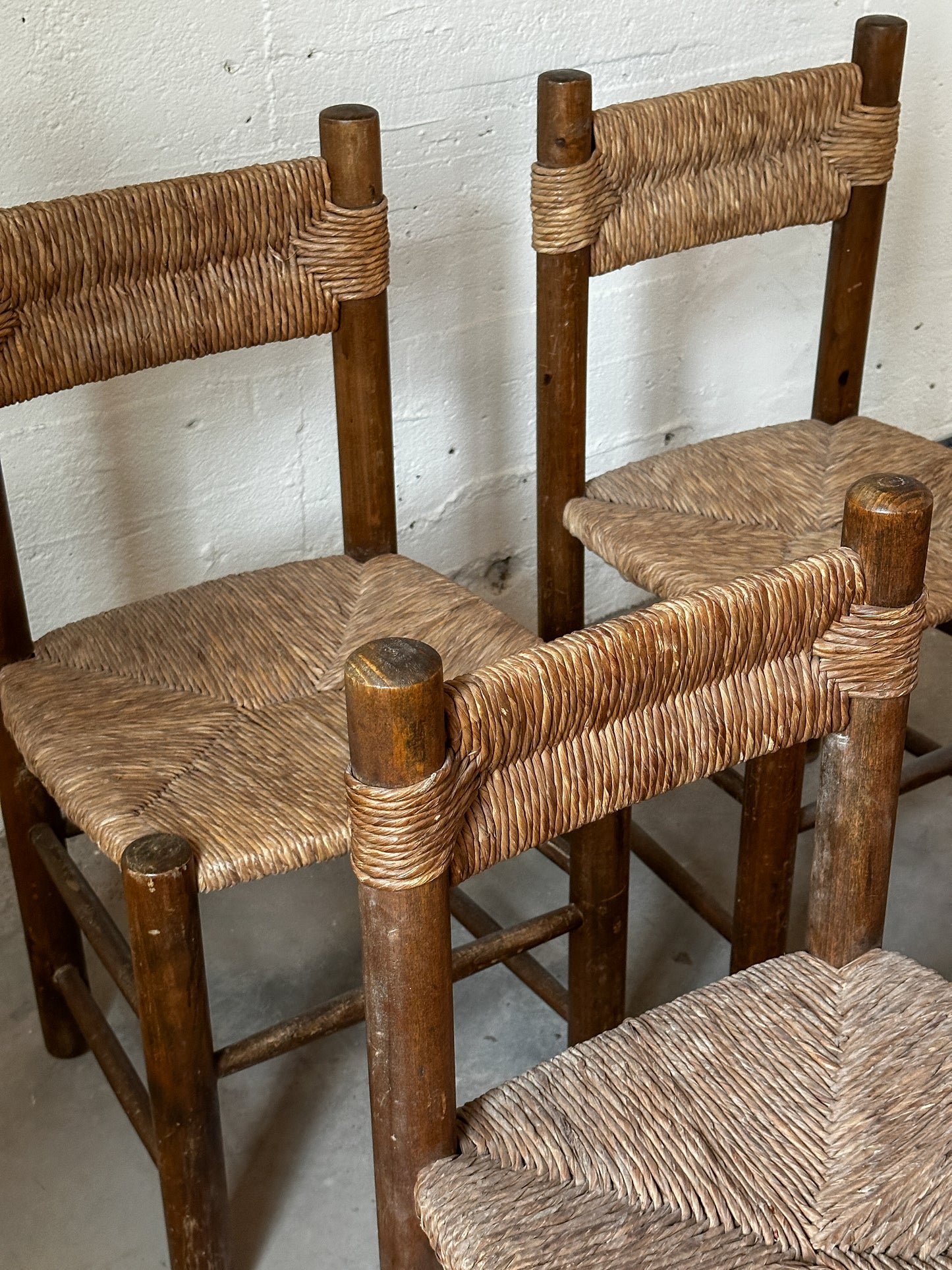 High Back Beech & Straw Chairs attrib. to Charlotte Perriand (Pair only)