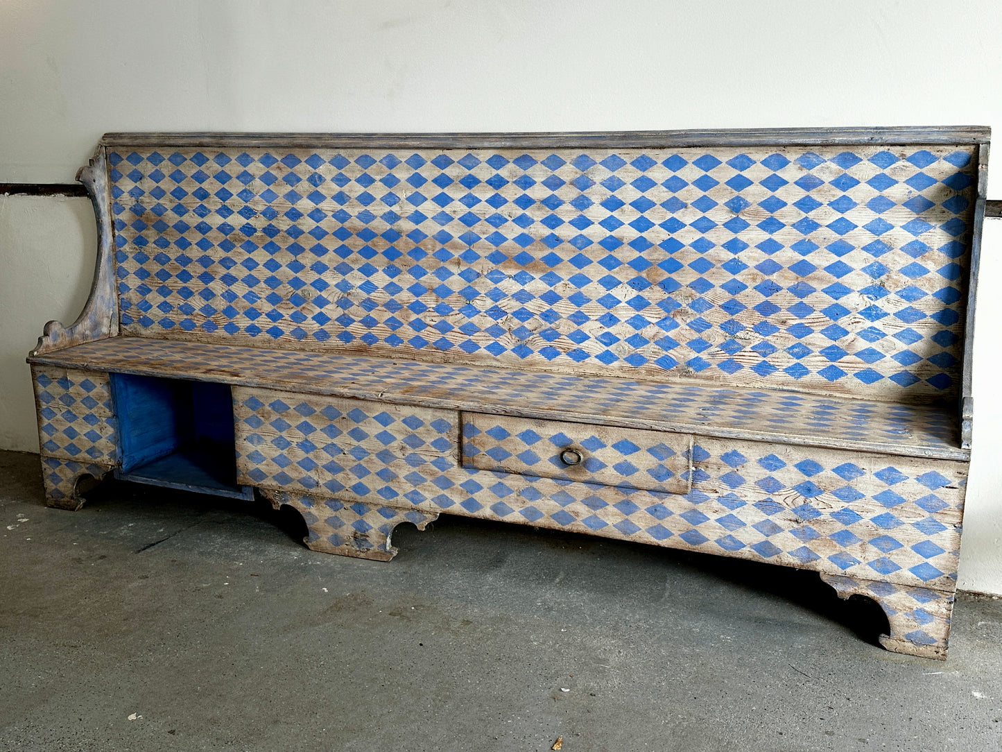 Large Italian Painted Bench with Blue and White Harlequin Pattern, 19th C