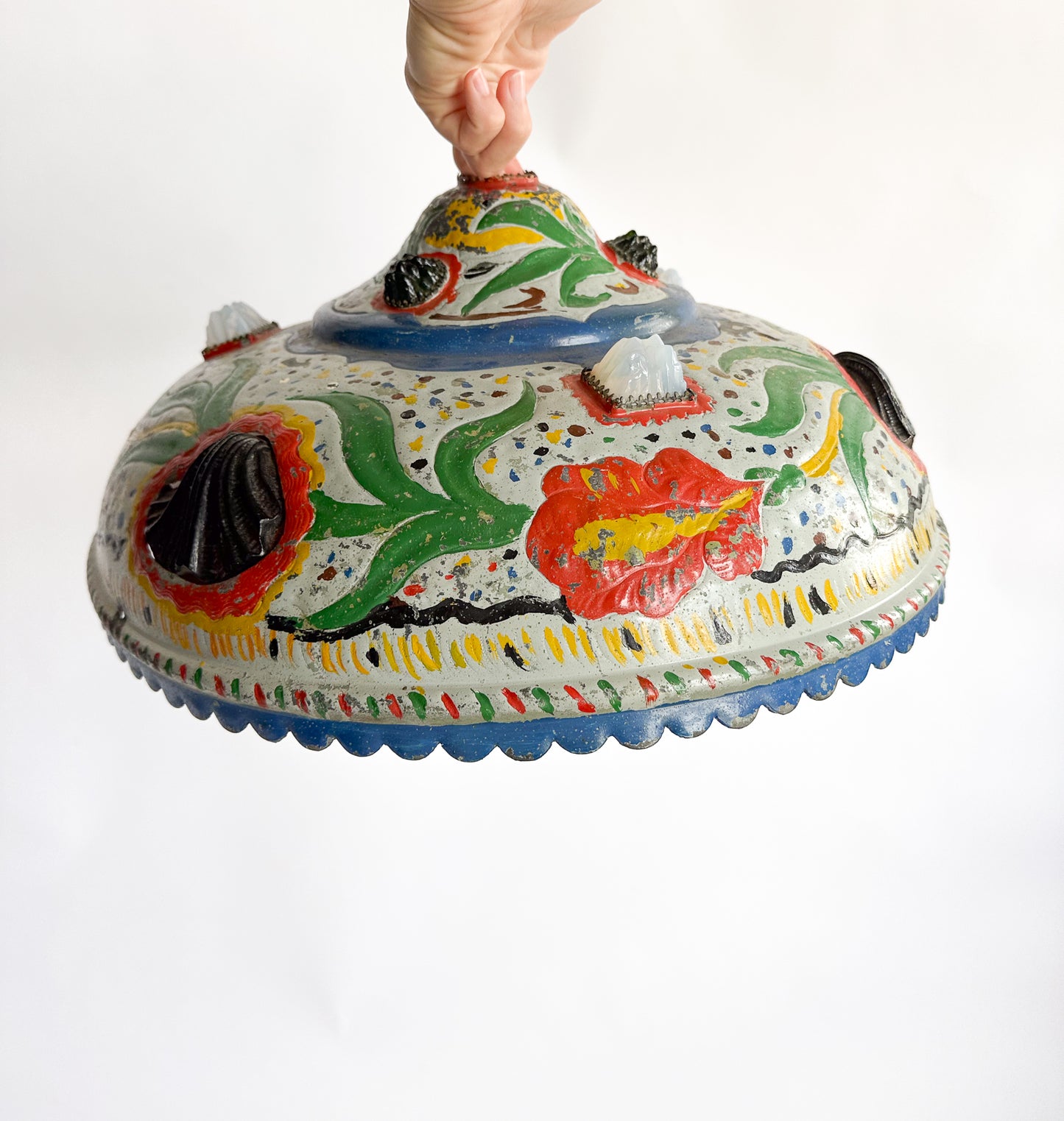 Handpainted Folk Art Metal Lampshade with stone cutouts