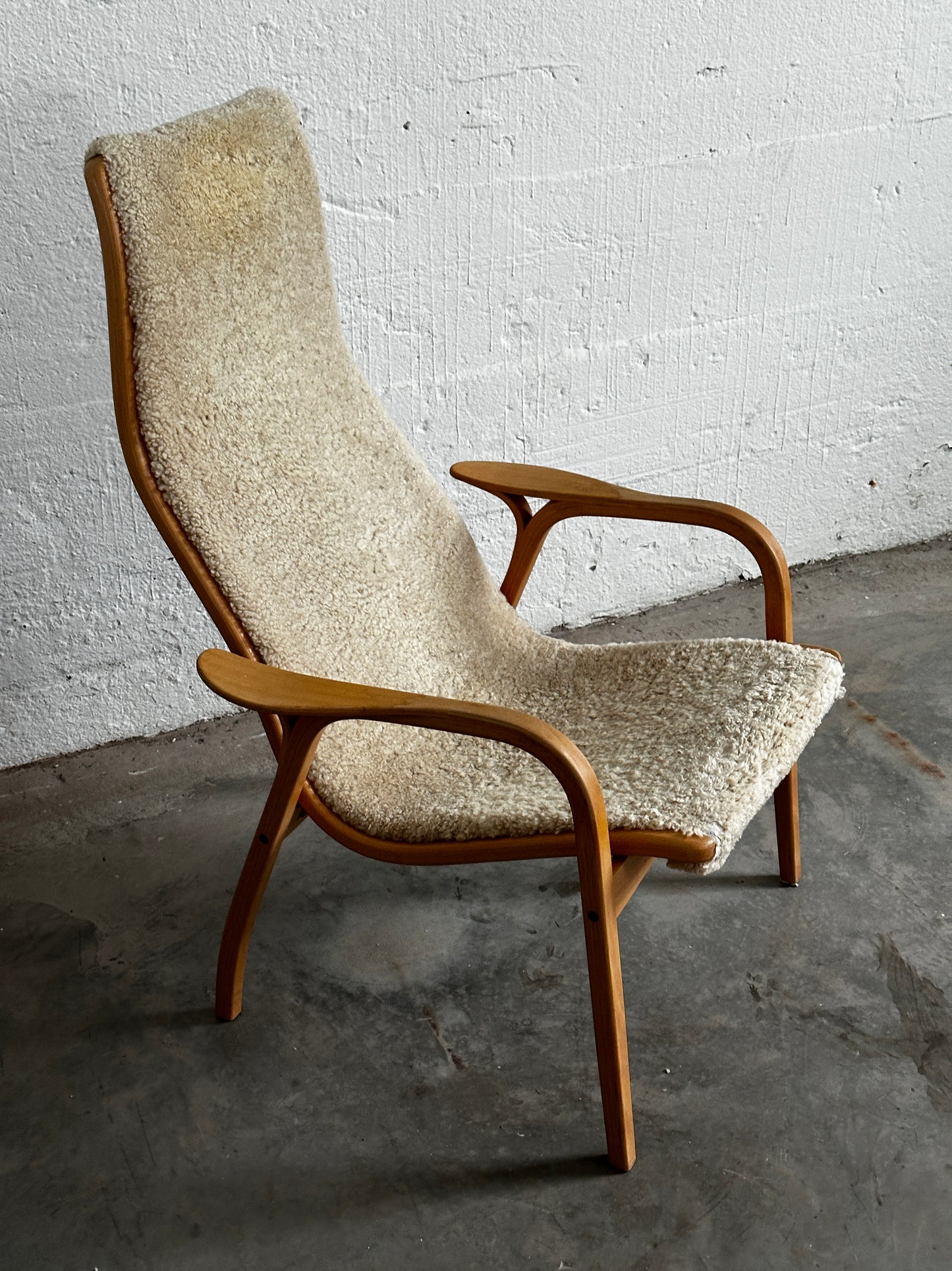 Yngve Ekström Lamino Armchair With Footstool, Beech And Natural Sheepskin c. 1970