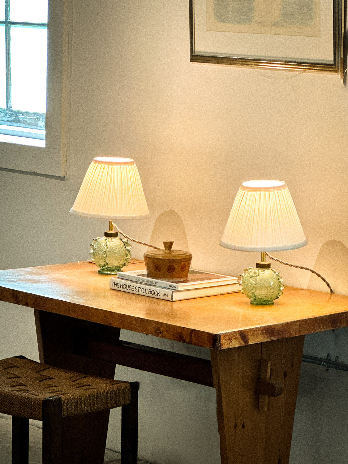 Pair of Green Bubble Glass Table Lamps by Ture Berglund for Stockholms Glasbruk, Sweden, c. 1930