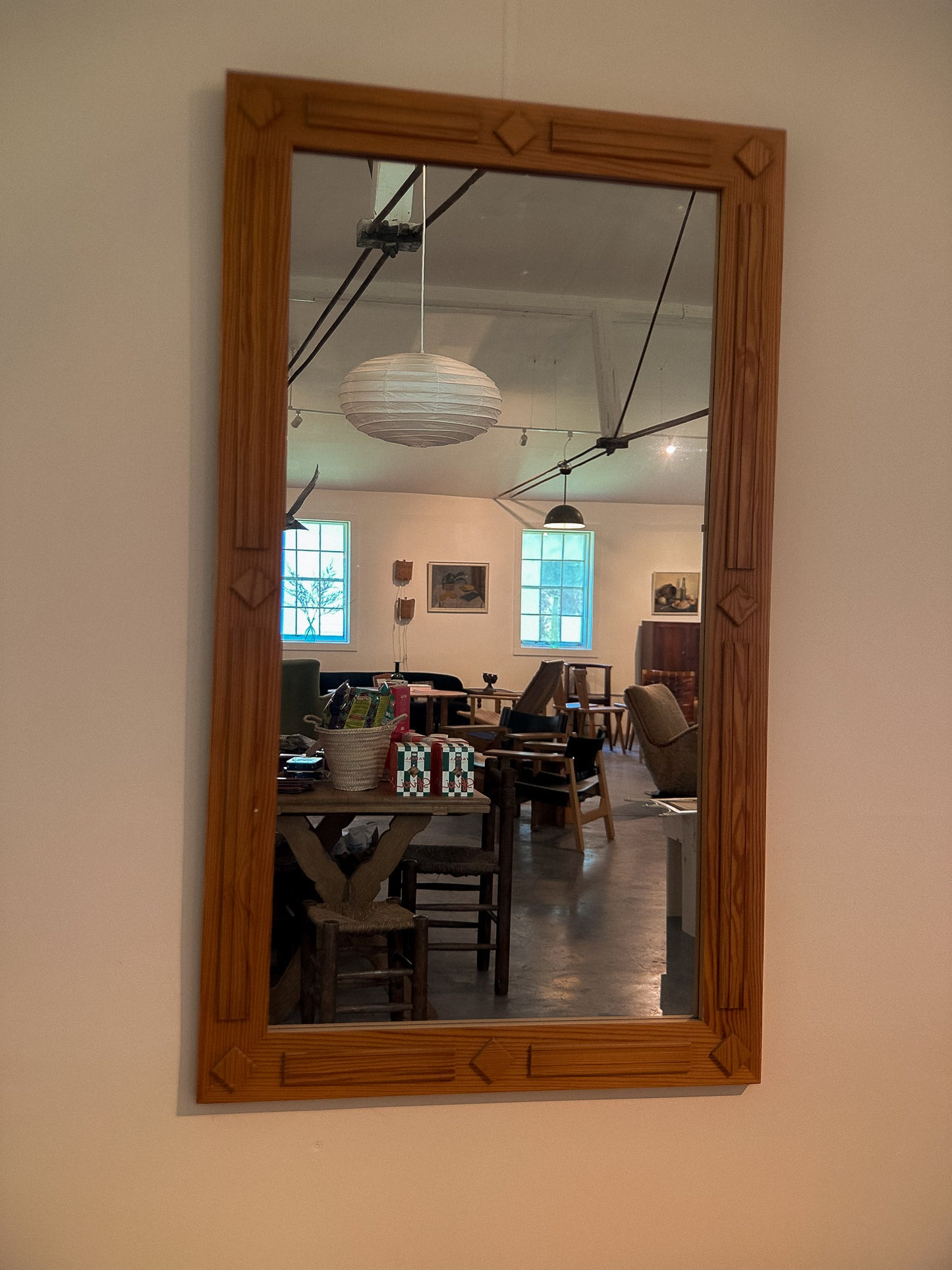 Pine Scandi Mirror with Carved Detailing, Mid 20th C