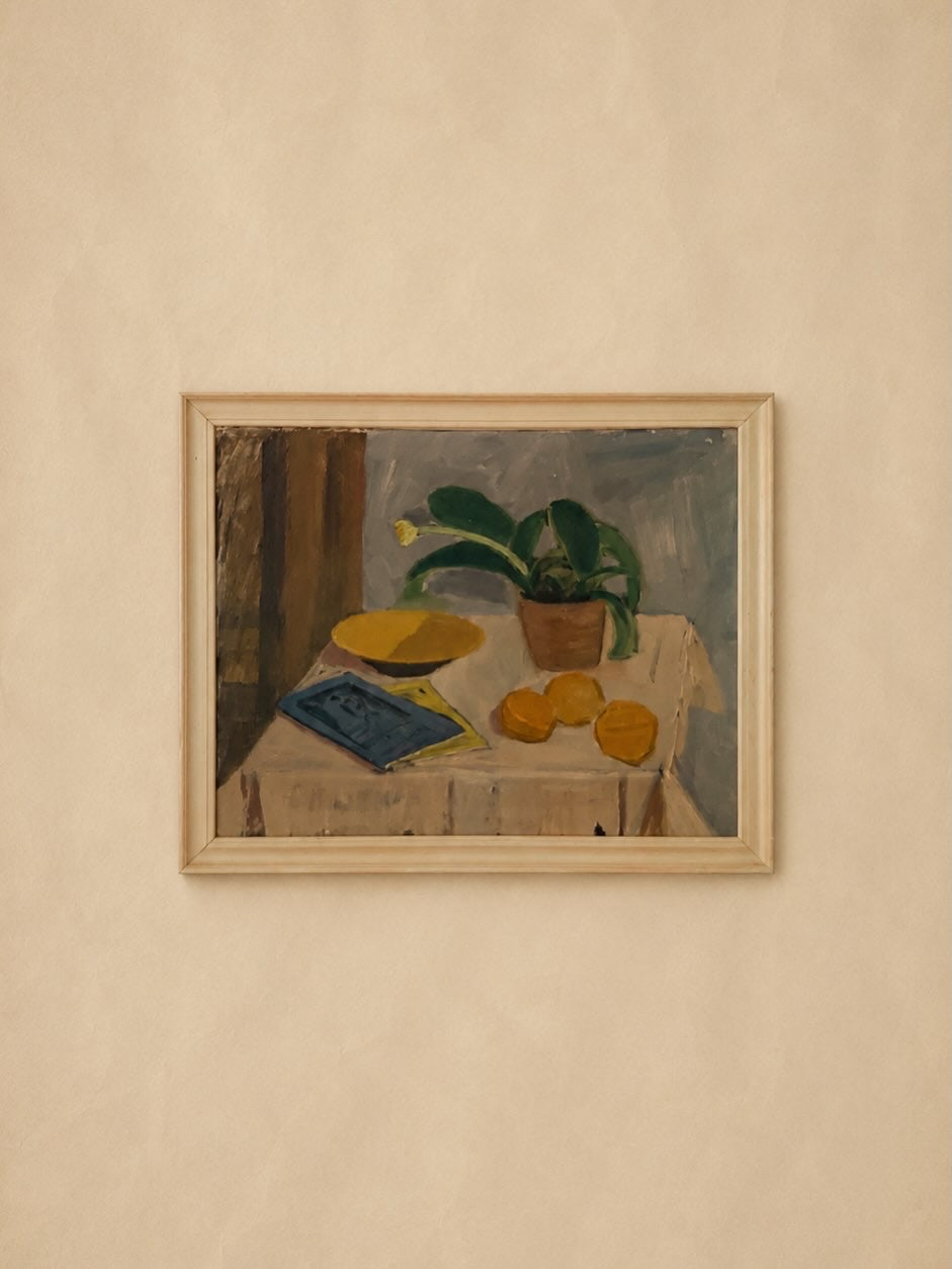 Still Life with Potted Plant and Fruit, Oil on Canvas, Mid 20th C