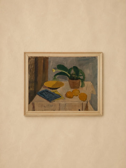Still Life with Potted Plant and Fruit, Oil on Canvas, Mid 20th C