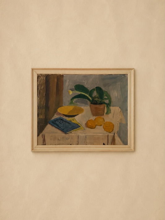 Still Life with Potted Plant and Fruit, Oil on Canvas, Mid 20th C