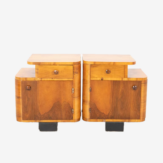 Pair of Art Deco Walnut-Veneered Bedside Tables, 20th C. (Coming Soon)