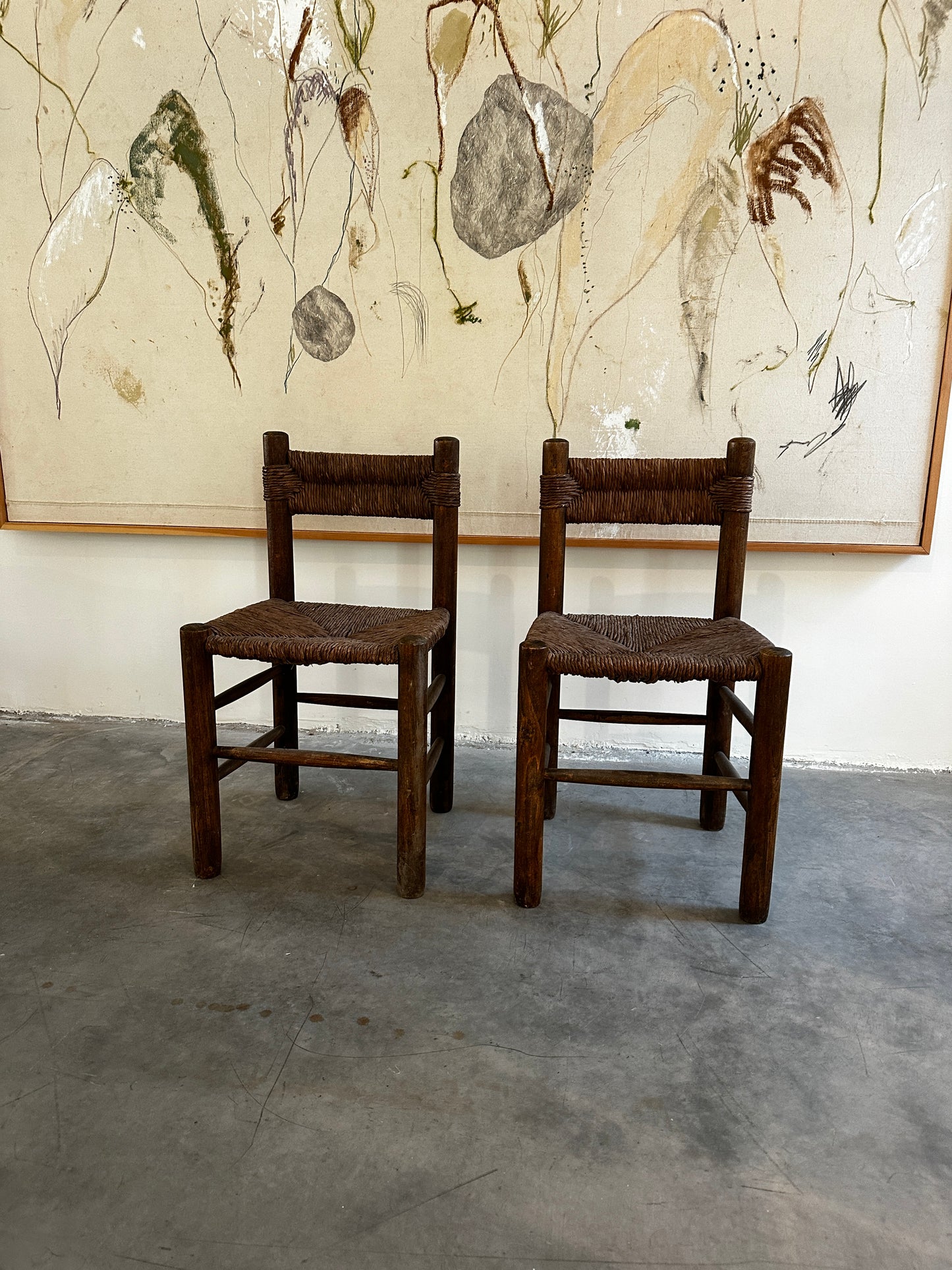Small Back Beech & Straw Chairs attrib. to Charlotte Perriand (Pair only)