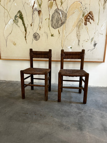 Small Back Beech & Straw Chairs attrib. to Charlotte Perriand (Pair only)