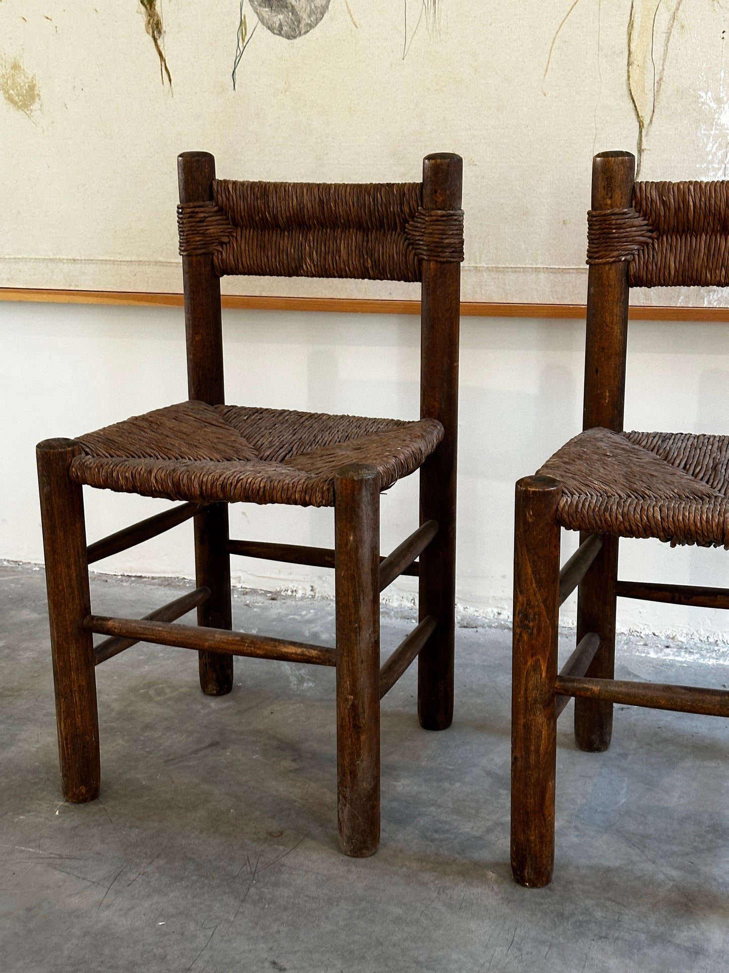 Small Back Beech & Straw Chairs attrib. to Charlotte Perriand (Pair only)