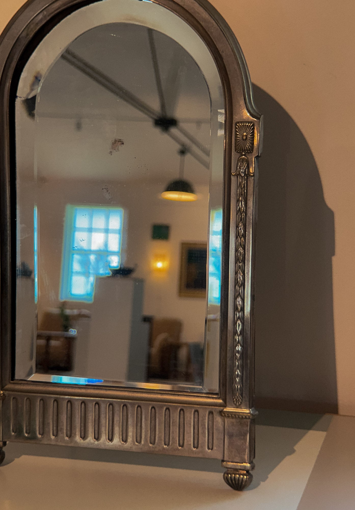 Swedish Beveled Arched Table Mirror in Silver-Plated Metal, Early 20th C.