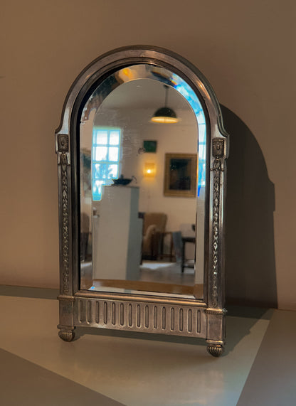 Swedish Beveled Arched Table Mirror in Silver-Plated Metal, Early 20th C.