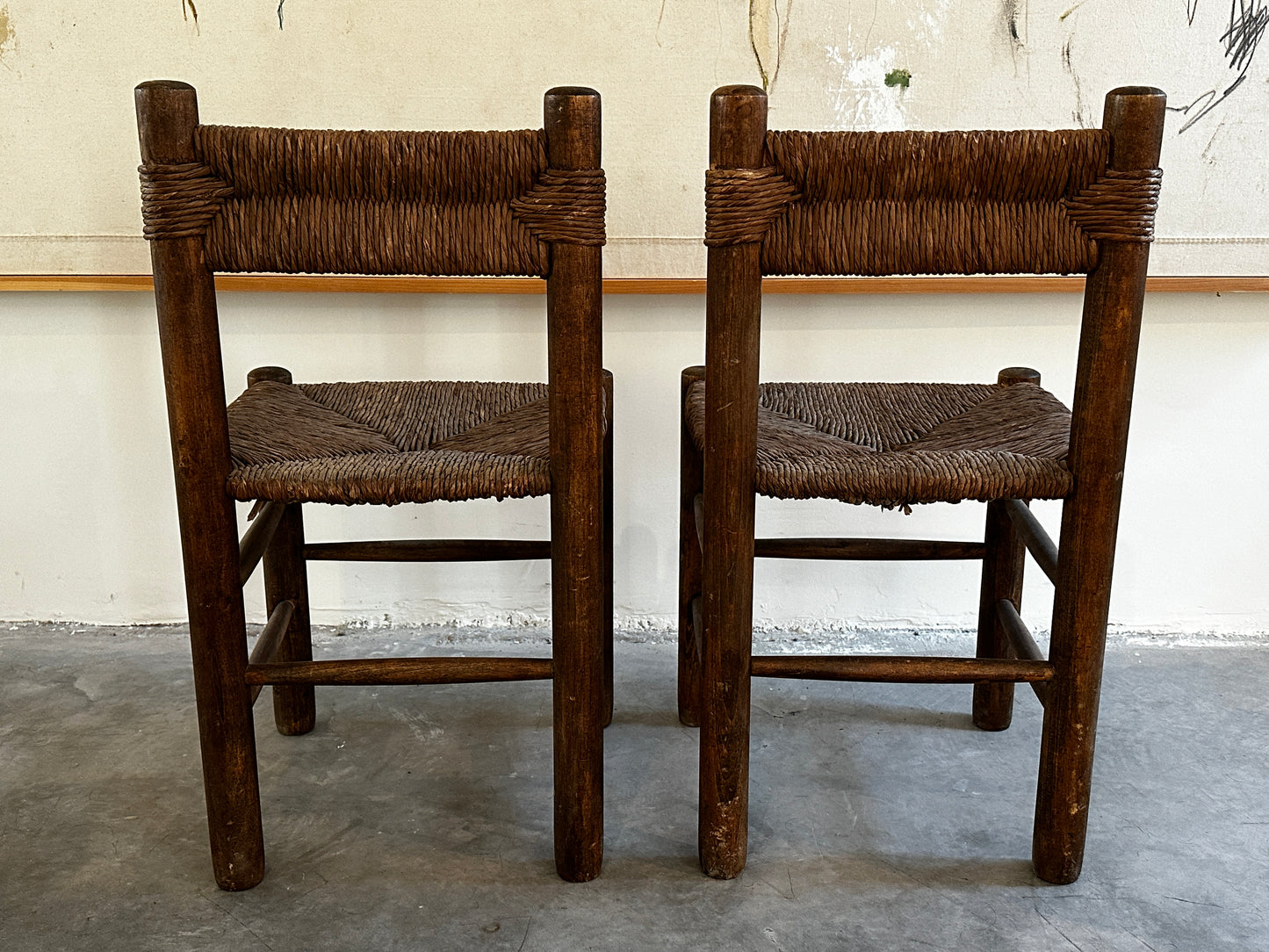 Small Back Beech & Straw Chairs attrib. to Charlotte Perriand (Pair only)