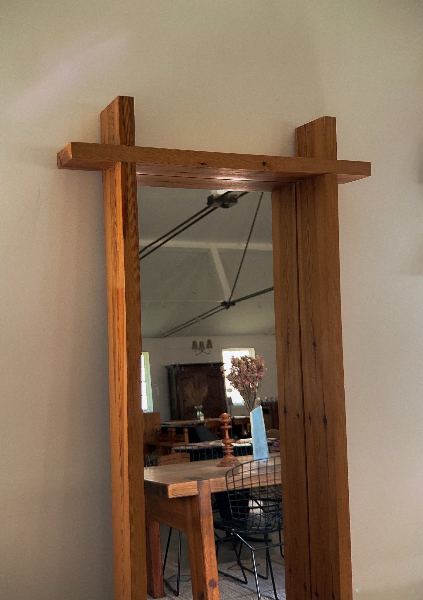 Rectangular Cross Bar Solid Pine Mirror, c. 1970