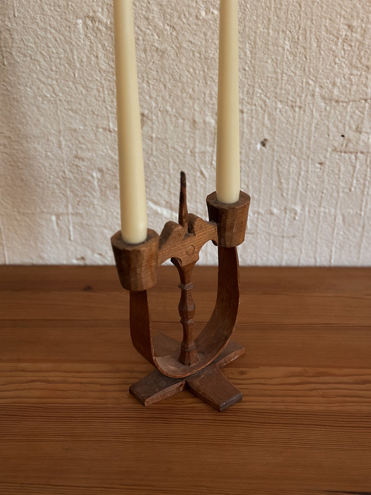 Hand-Carved Folk Art Two-Arm Candelabra, Sweden, Early 20th Century