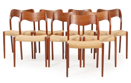 Set of Eight Niels O. Møller Teak Dining Chairs Model 71 with Woven Paper Cord Seats, Denmark c. 1950 (Coming Soon)