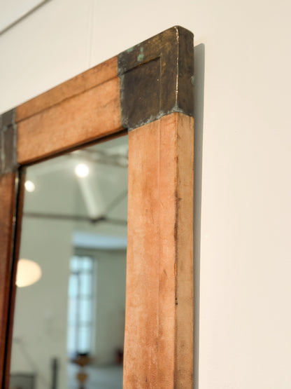 Scandinavian Leather Mirror with Patinated Copper Corners c. 20th Century