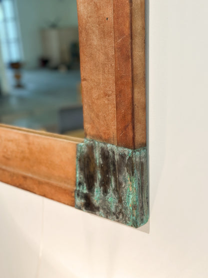 Scandinavian Leather Mirror with Patinated Copper Corners c. 20th Century