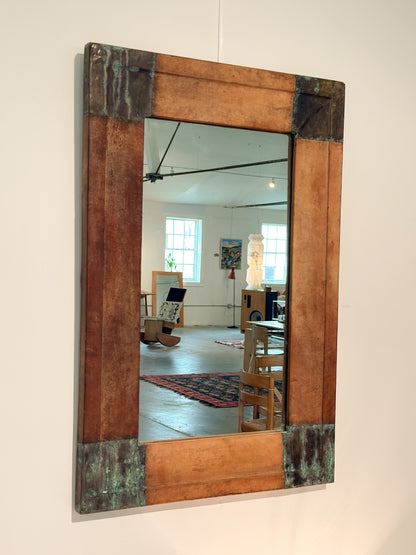 Scandinavian Leather Mirror with Patinated Copper Corners c. 20th Century