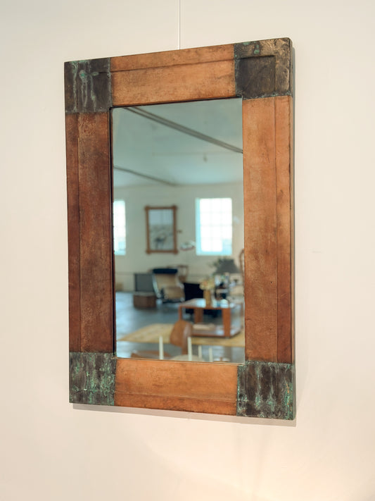 Scandinavian Leather Mirror with Patinated Copper Corners c. 20th Century