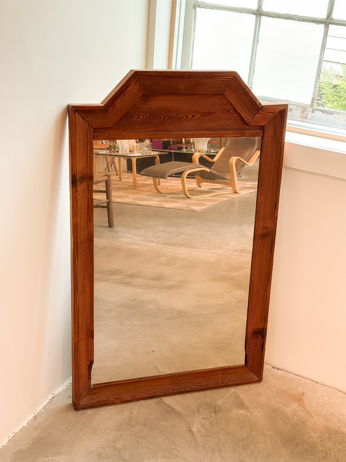 Scandinavian Pine Mirror with Stepped Crown c. 20th Century