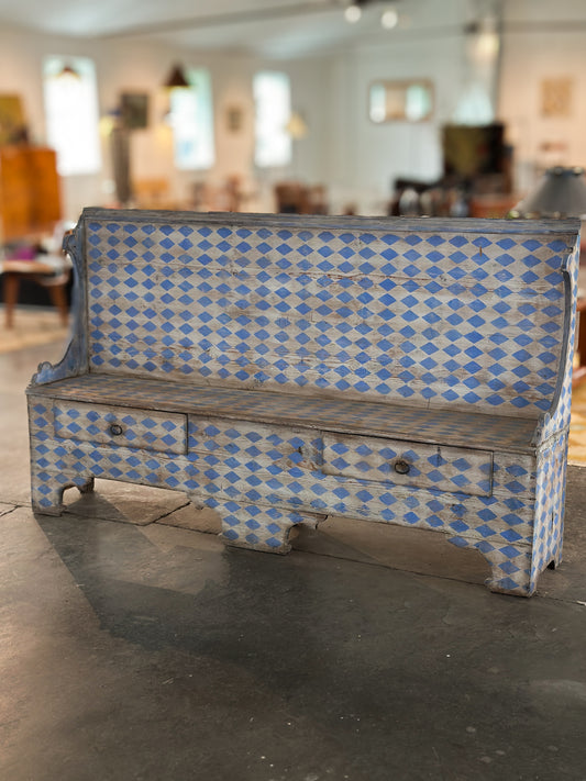 Italian Painted Bench with Blue and White Harlequin Pattern, C. 19th C.