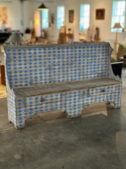 Italian Painted Bench with Blue and White Harlequin Pattern, C. 19th C.