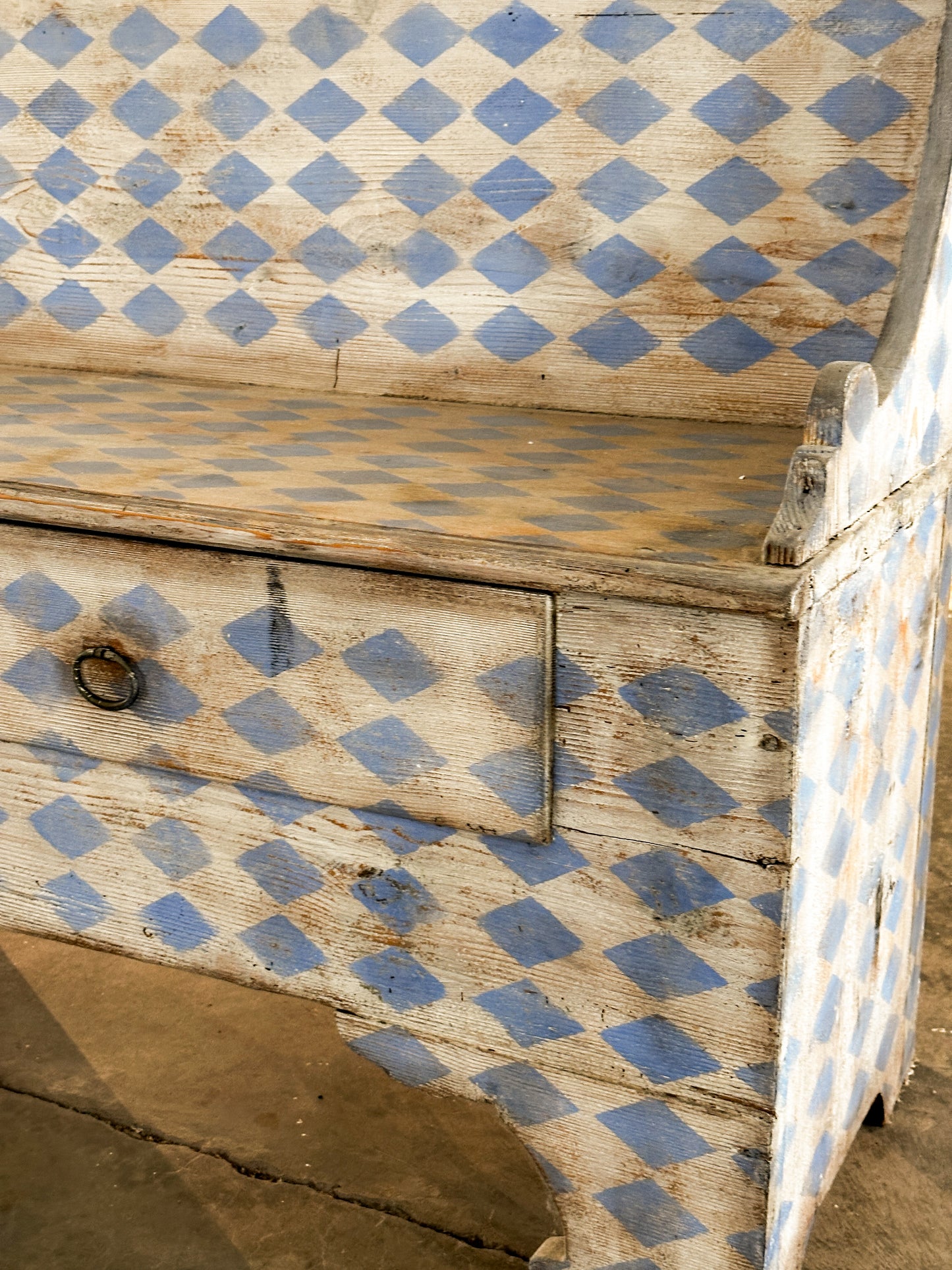 Italian Painted Bench with Blue and White Harlequin Pattern, C. 19th C.