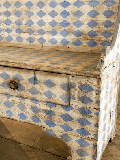 Italian Painted Bench with Blue and White Harlequin Pattern, C. 19th C.