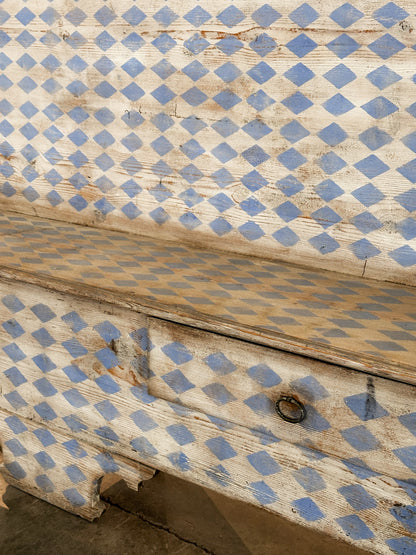 Italian Painted Bench with Blue and White Harlequin Pattern, C. 19th C.
