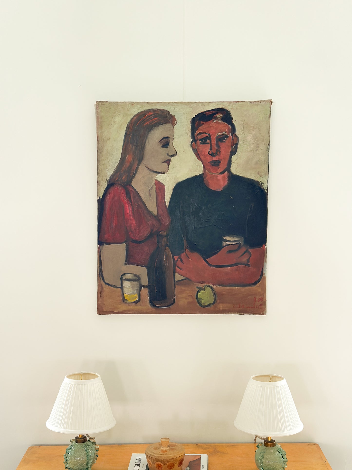 Couple Attablé by André Lambert, Oil on Canvas, Signed and Dated 1954