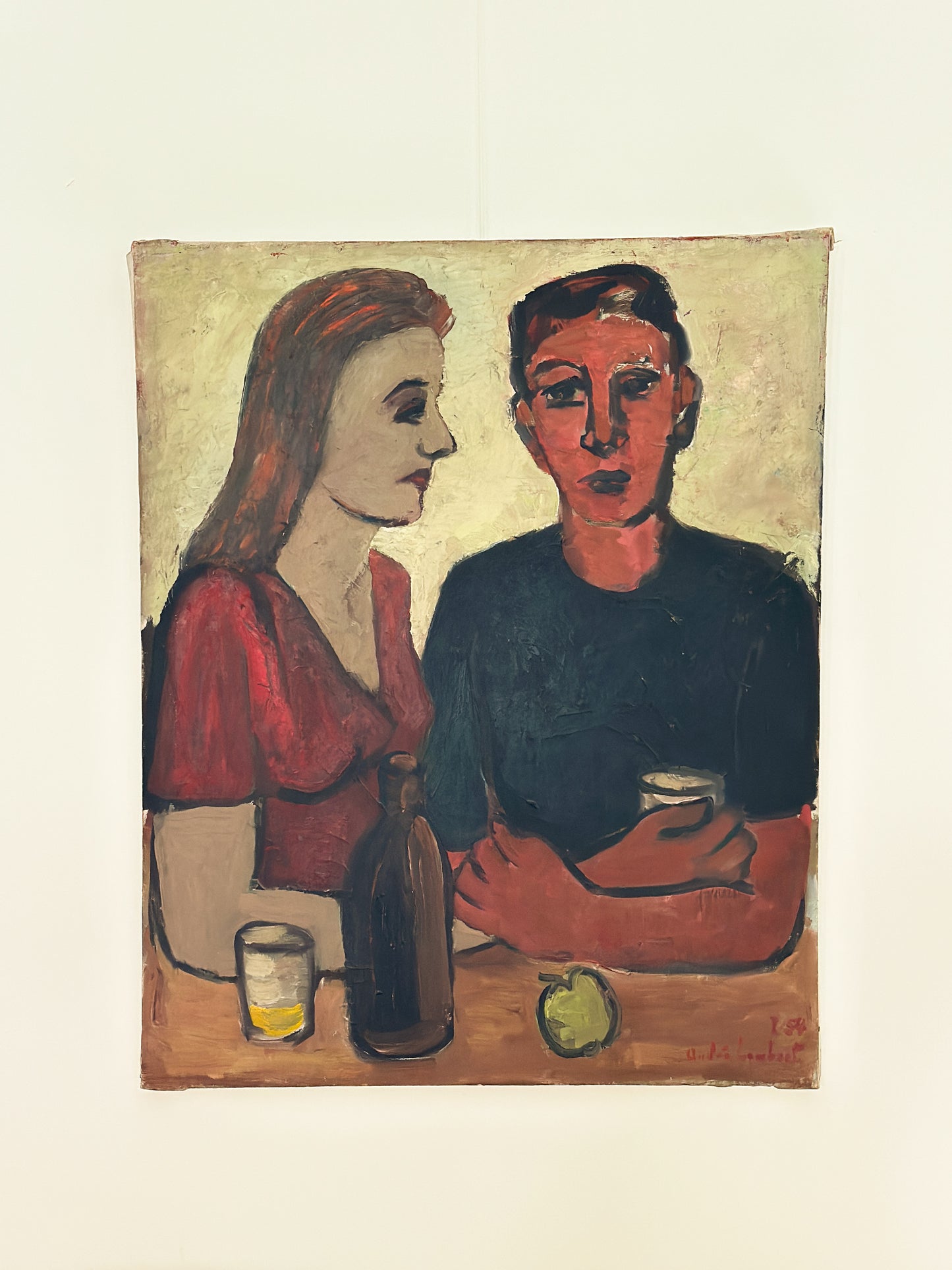 Couple Attablé by André Lambert, Oil on Canvas, Signed and Dated 1954