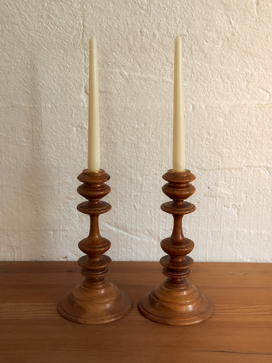 Pair of Turned Wood Candlestick Holders, Swedish, c. 1940