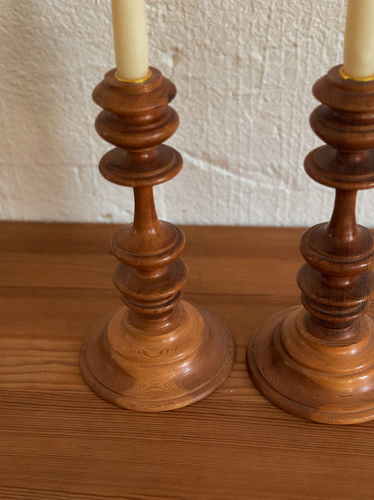 Pair of Turned Wood Candlestick Holders, Swedish, c. 1940