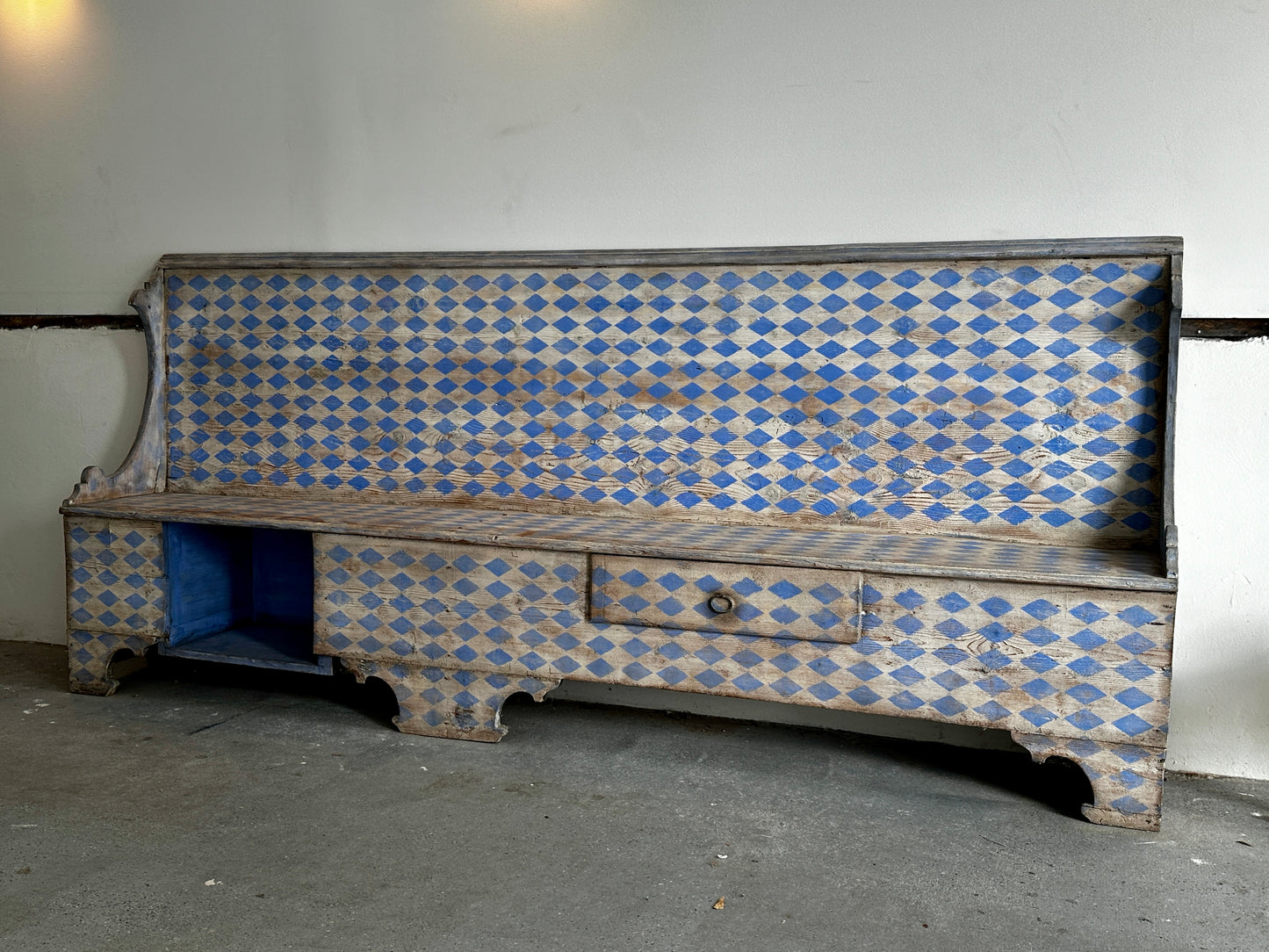 Large Italian Painted Bench with Blue and White Harlequin Pattern, 19th C