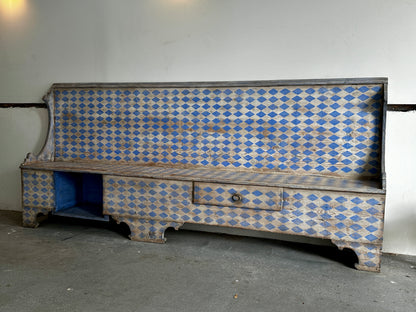 Large Italian Painted Bench with Blue and White Harlequin Pattern, 19th C