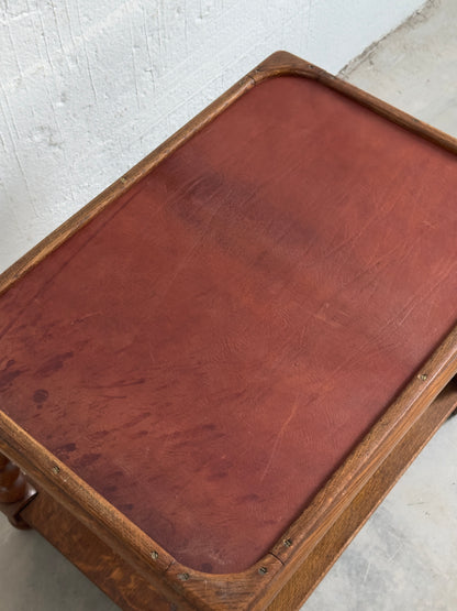 Coffee Table With Bobbin Legs And Leather Top, Oak, Early 20th C.