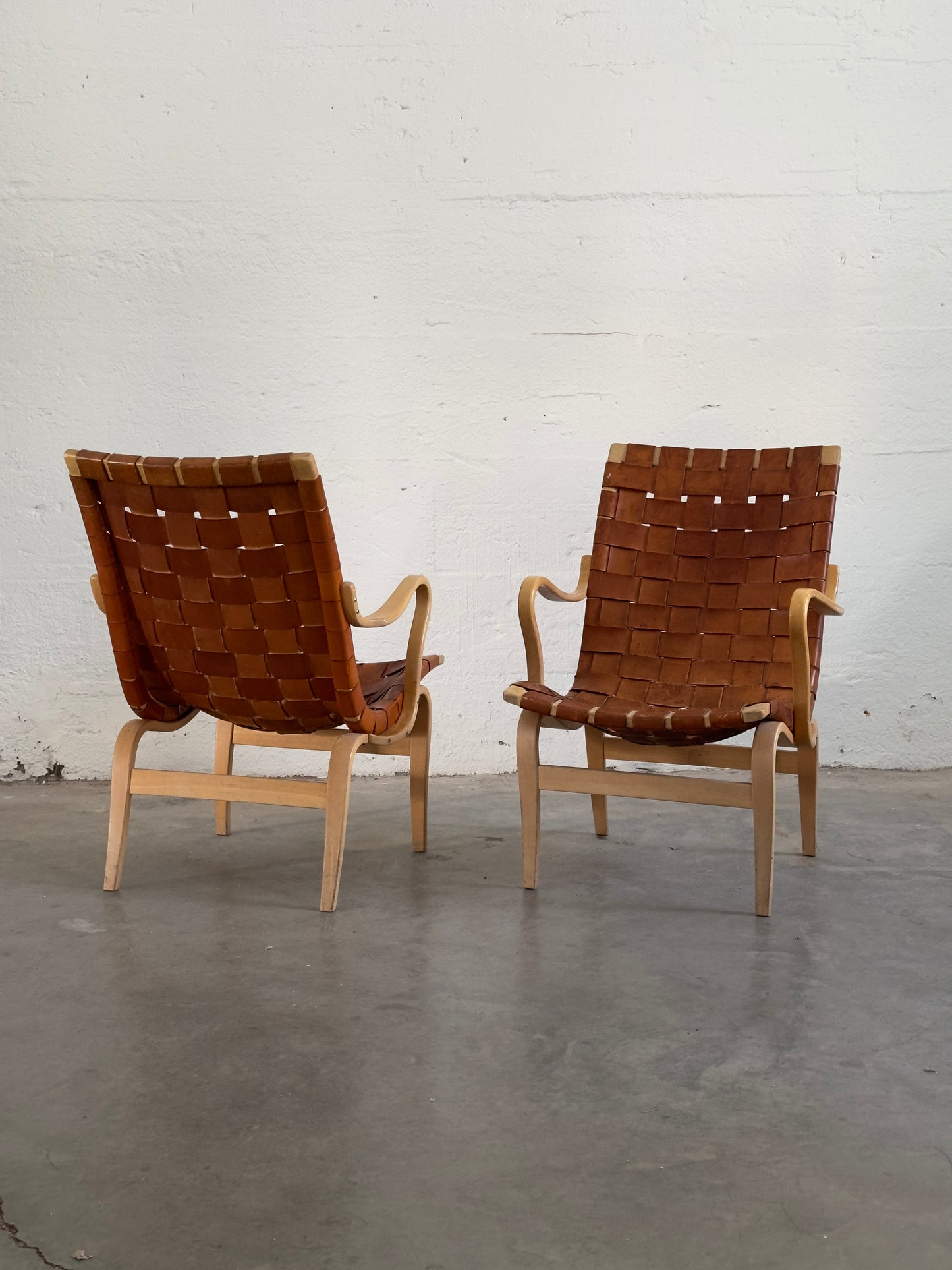 Bruno Mathsson Eva Leather Armchairs, Pair, Sweden c. 1968