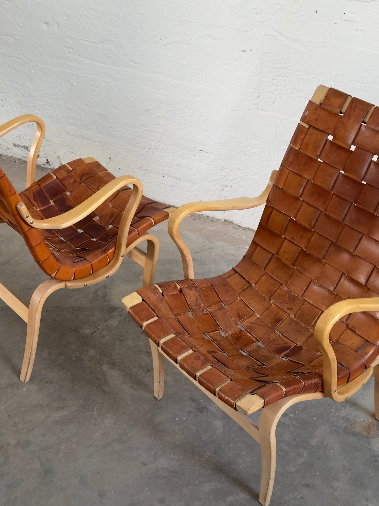Bruno Mathsson Eva Leather Armchairs, Pair, Sweden c. 1968