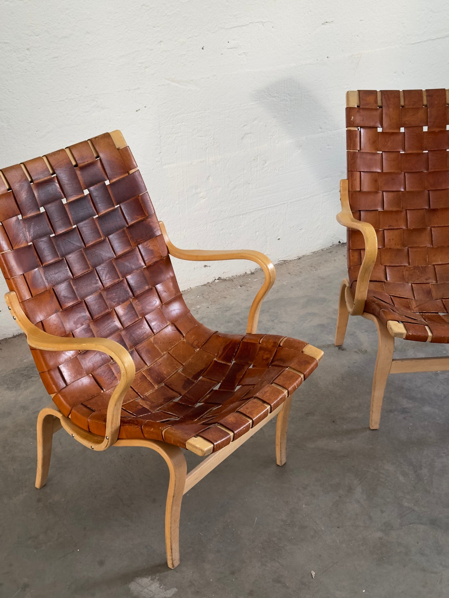Bruno Mathsson Eva Leather Armchairs, Pair, Sweden c. 1968