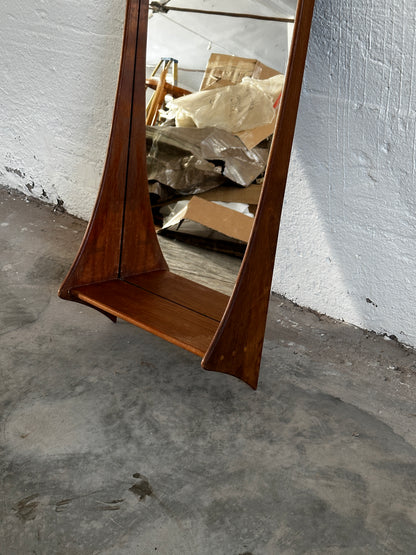 Wall Mounted Teak Mirror With Shelf, Denmark c. 1960
