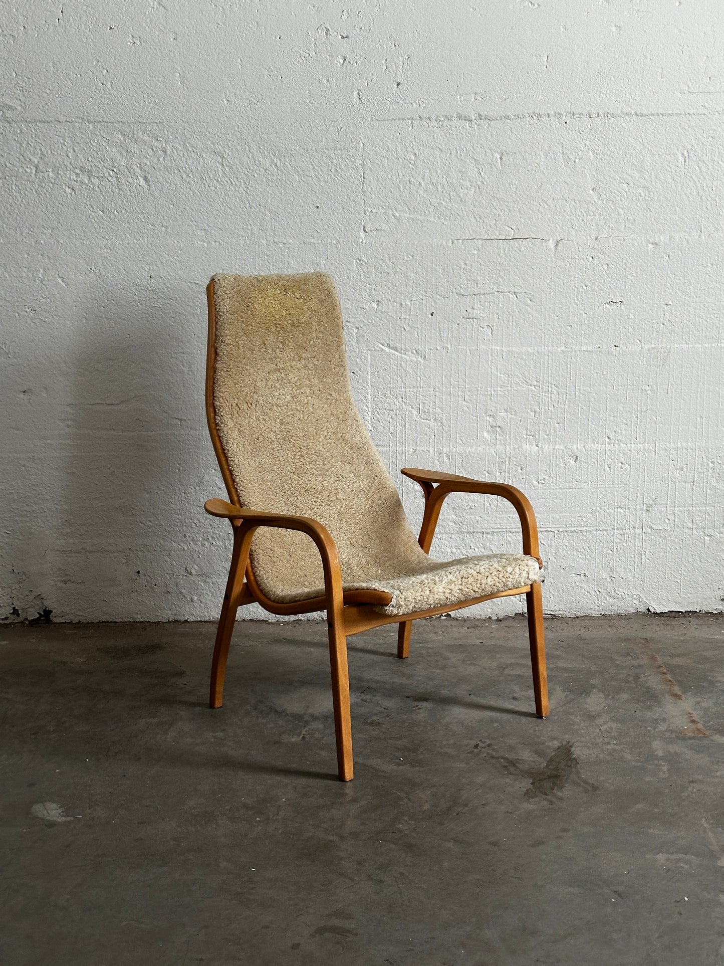 Yngve Ekström Lamino Armchair With Footstool, Beech And Natural Sheepskin c. 1970