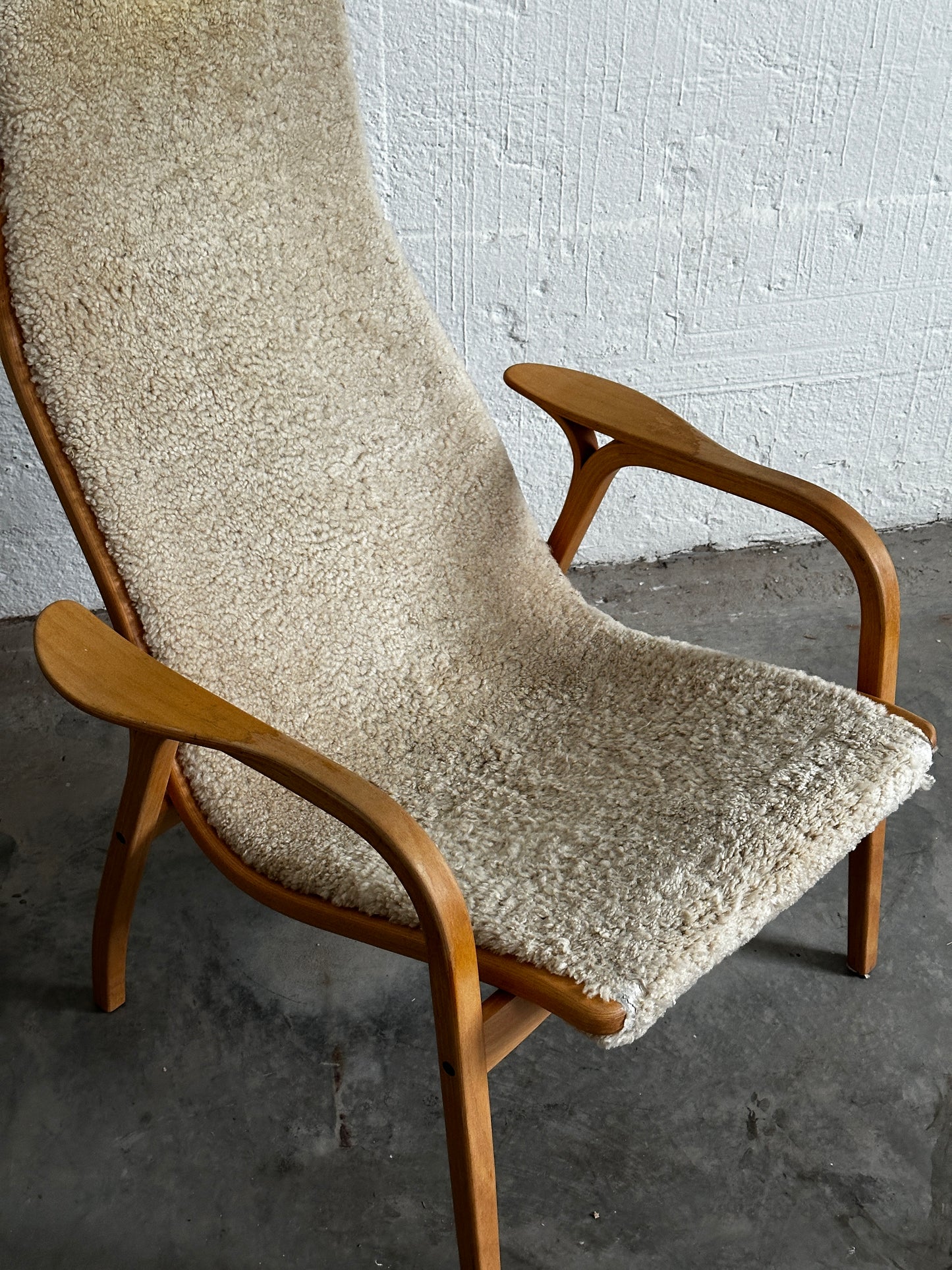 Yngve Ekström Lamino Armchair With Footstool, Beech And Natural Sheepskin c. 1970