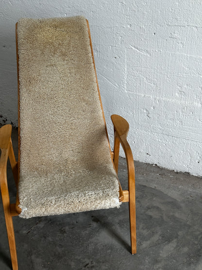 Yngve Ekström Lamino Armchair With Footstool, Beech And Natural Sheepskin c. 1970