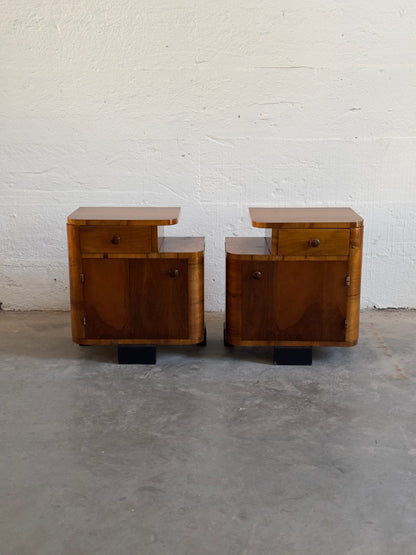 Pair of Art Deco Walnut-Veneered Bedside Tables, 20th C.