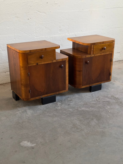 Pair of Art Deco Walnut-Veneered Bedside Tables, 20th C.